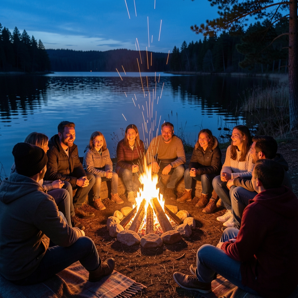 Families gathered around a communal campfire at dusk beside the lake, sparks rising into a twilight sky