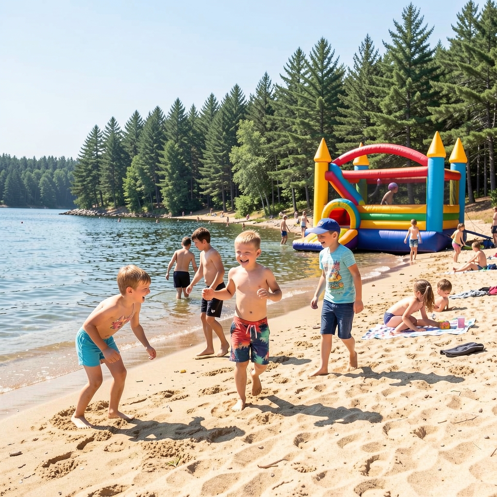 Children playing on the sandy beach with a colourful bouncy castle among the evergreens