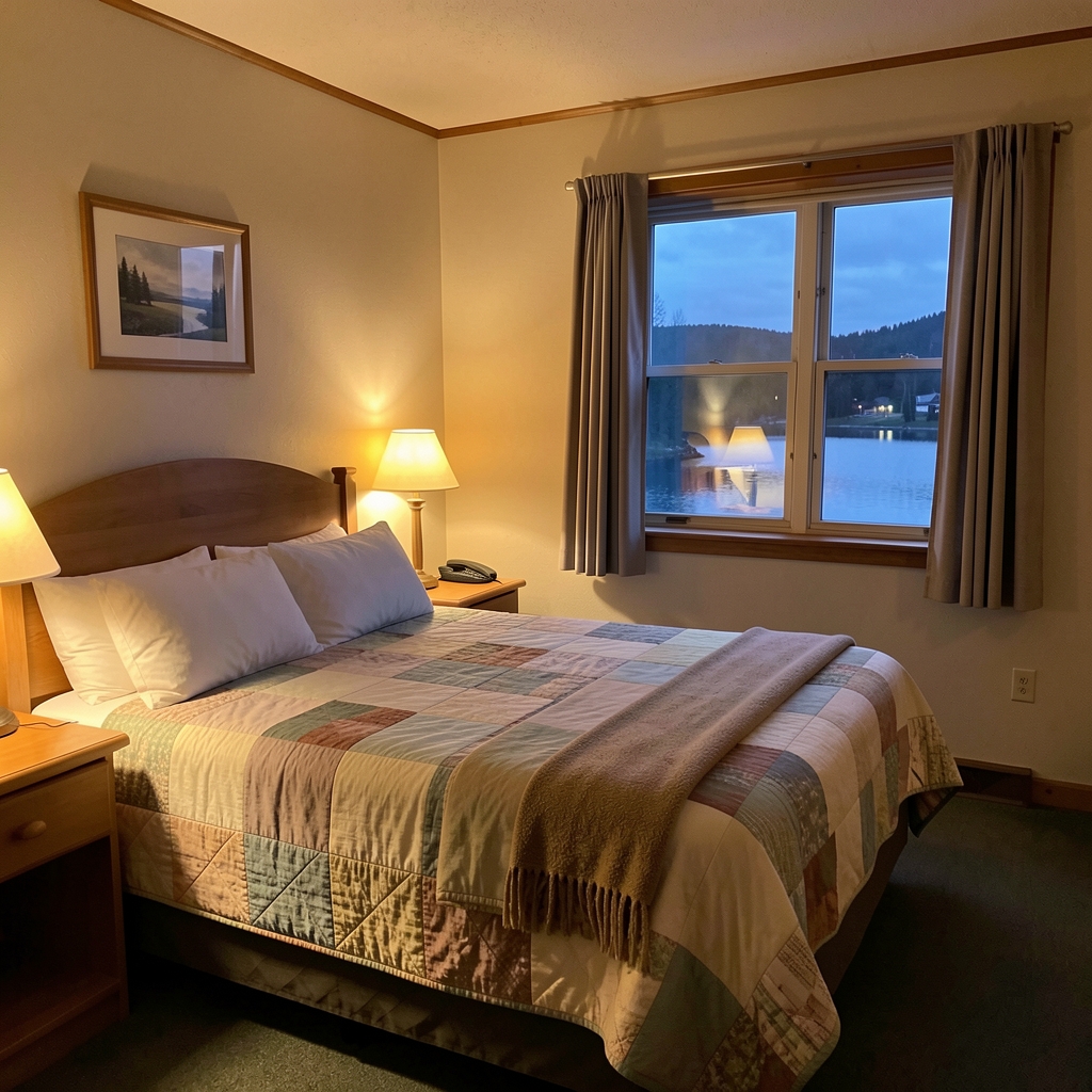 Cozy motel room with warm bedside lamps and an evening lake view through the window