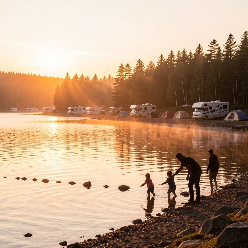 Golden hour over a calm Newfoundland lake with RVs and tents along the treed shoreline